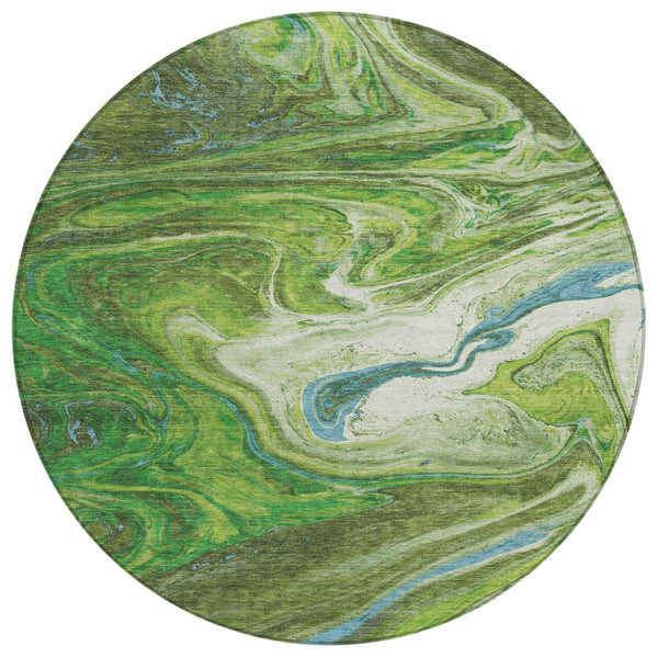 HomeRoots 5' Modern Abstract Washable Area Rug in Green, Blue, and Ivory for Indoor & Outdoor Spaces 8' Round 602625