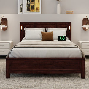 English Elm Queen Pinewood Platform Bed Farmhouse Tall Panel Headboard with Led Lighting and Usb Ports Walnut W504P391092