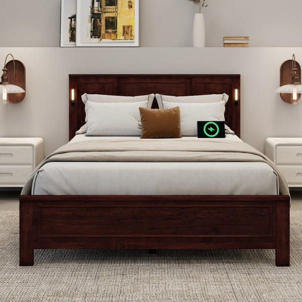 English Elm Queen Pinewood Platform Bed Farmhouse Tall Panel Headboard with Led Lighting and Usb Ports Walnut W504P391092