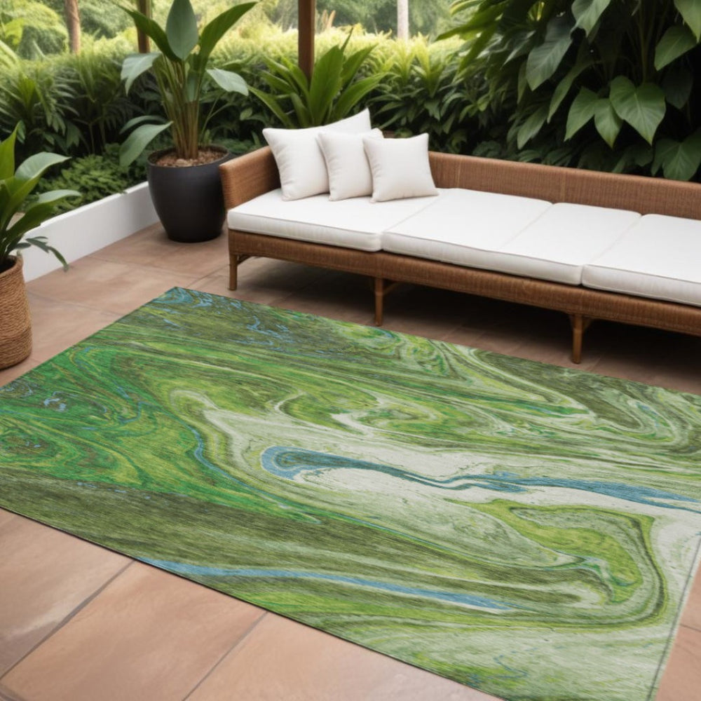 HomeRoots 9' Modern Abstract Green Blue Ivory Washable Area Rug for Indoor & Outdoor Durability and Style 602627