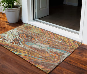 Homeroots 3' Beige Pink And Blue Abstract Washable Area Rug - Perfect For Indoor And Outdoor Spaces, Durable Design 3' X 5' Polyester 602629