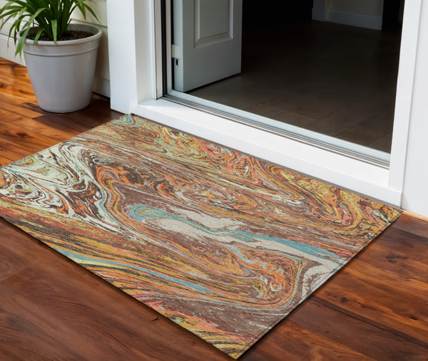 Homeroots 3' Beige Pink And Blue Abstract Washable Area Rug - Perfect For Indoor And Outdoor Spaces, Durable Design 3' X 5' Polyester 602629