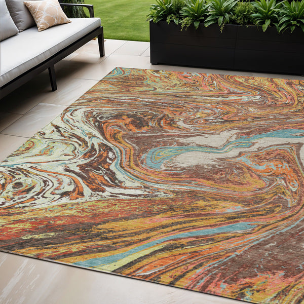 Homeroots 3' Beige Pink And Blue Abstract Washable Area Rug - Perfect For Indoor And Outdoor Spaces, Durable Design 5' X 8' Polyester 602630