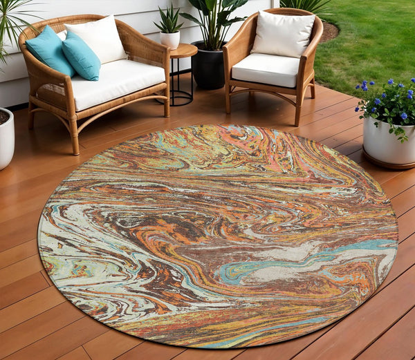 Homeroots 3' Beige Pink And Blue Abstract Washable Area Rug - Perfect For Indoor And Outdoor Spaces, Durable Design 8' Round Polyester 602631