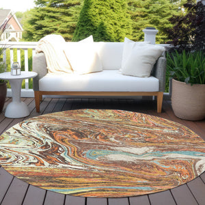 Homeroots 3' Beige Pink And Blue Abstract Washable Area Rug - Perfect For Indoor And Outdoor Spaces, Durable Design 8' Round Polyester 602631