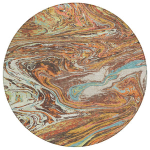 HomeRoots 5' Khaki Brown and Blue Abstract Area Rug - Durable, Washable, Stylish for Indoor and Outdoor Spaces 8' Round 602631