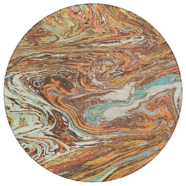 HomeRoots 5' Khaki Brown and Blue Abstract Area Rug - Durable, Washable, Stylish for Indoor and Outdoor Spaces 8' Round 602631