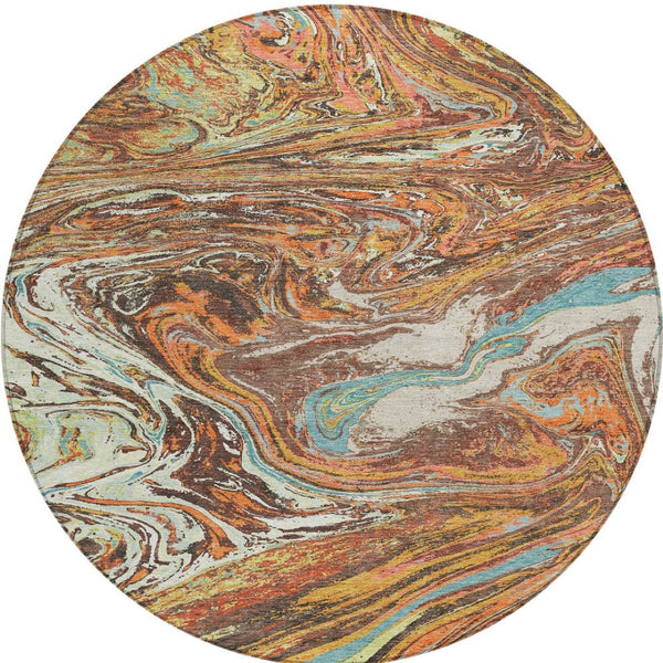 Homeroots 3' Beige Pink And Blue Abstract Washable Area Rug - Perfect For Indoor And Outdoor Spaces, Durable Design 8' Round Polyester 602631