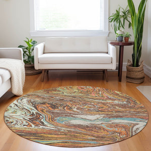 Homeroots 3' Beige Pink And Blue Abstract Washable Area Rug - Perfect For Indoor And Outdoor Spaces, Durable Design 8' Round Polyester 602631