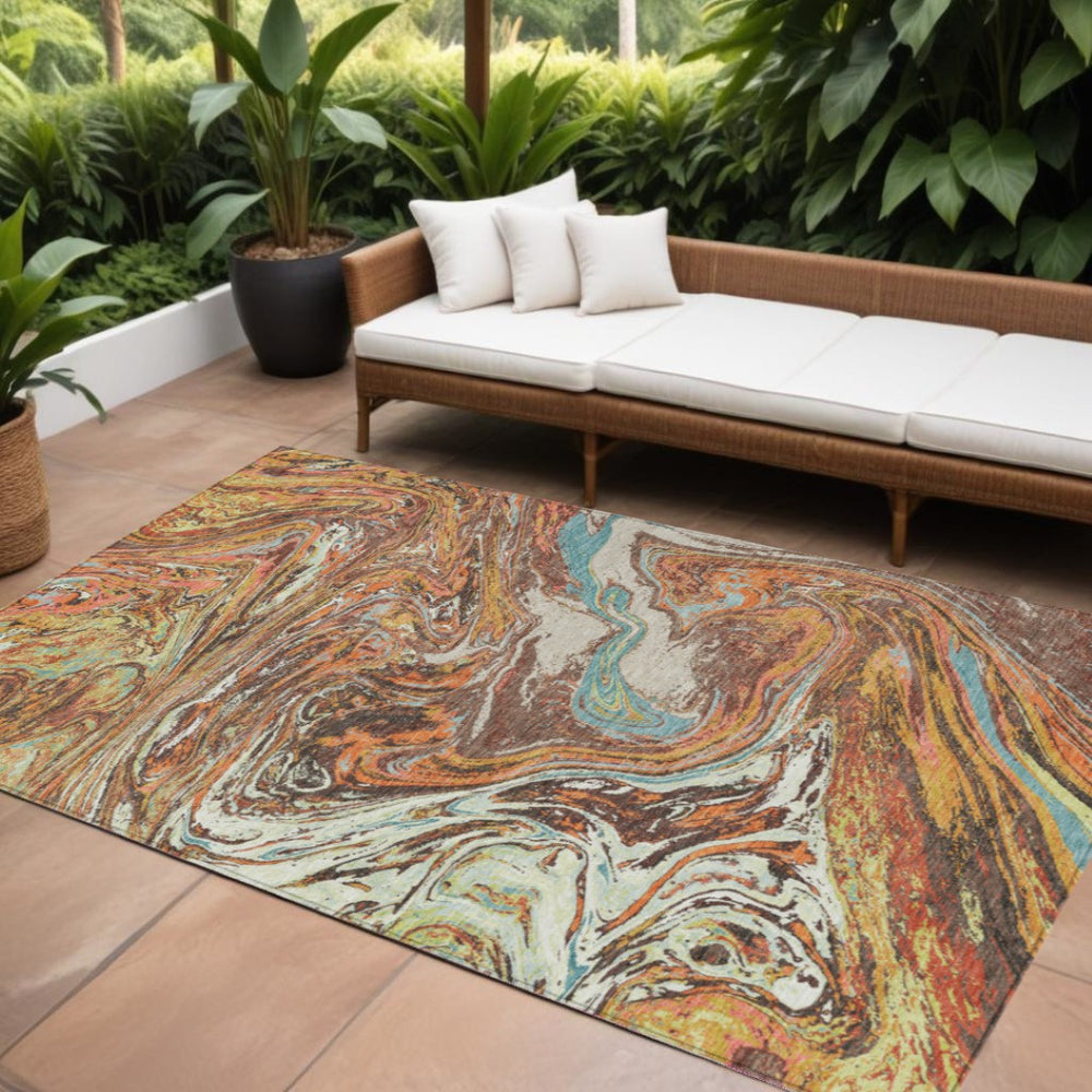 HomeRoots 9' X 12' Khaki Brown & Blue Abstract Washable Area Rug - Durable, Stylish for Indoor/Outdoor Use! 602633