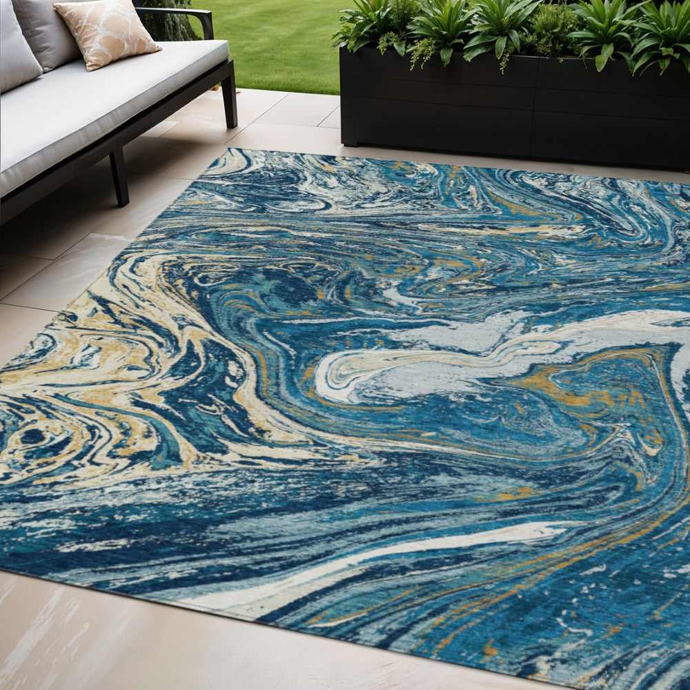 HomeRoots 5' Navy Blue Gold Ivory Abstract Washable Indoor Outdoor Area Rug for Modern Spaces and Durability 5' X 8' 602642