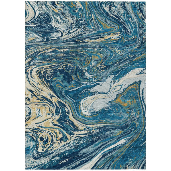 HomeRoots 5' Navy Blue Gold Ivory Abstract Washable Indoor Outdoor Area Rug for Modern Spaces and Durability 5' X 8' 602642
