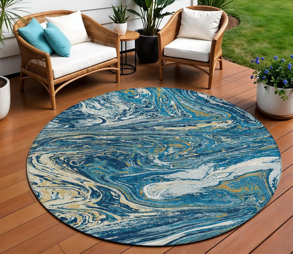 Homeroots 3' Beige Pink And Blue Abstract Washable Area Rug - Perfect For Indoor And Outdoor Spaces, Durable Design 8' Round Polyester 602643