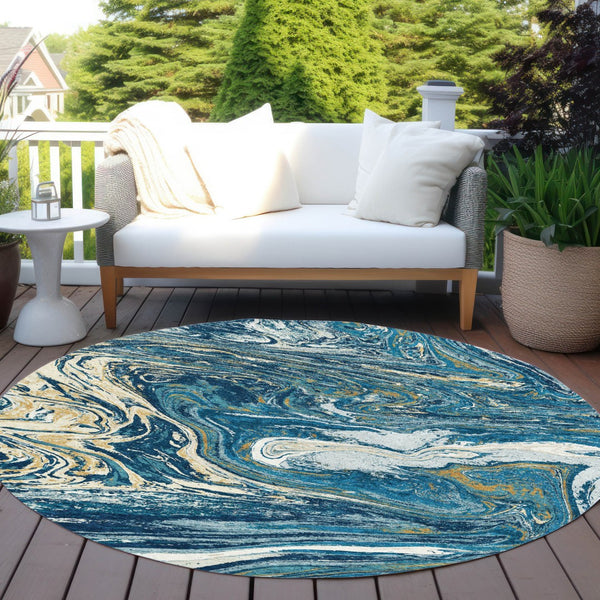 Homeroots 3' Beige Pink And Blue Abstract Washable Area Rug - Perfect For Indoor And Outdoor Spaces, Durable Design 8' Round Polyester 602643