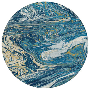 HomeRoots 5' Navy Blue Gold Ivory Abstract Washable Indoor Outdoor Area Rug for Modern Spaces and Durability 8' Round 602643
