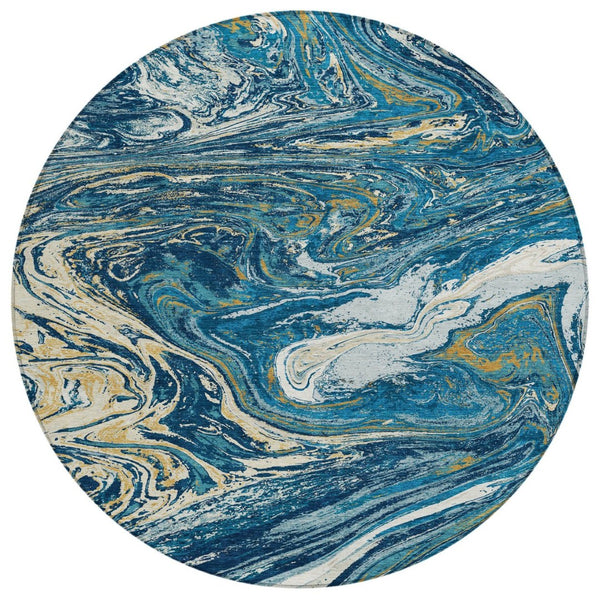 HomeRoots 5' Navy Blue Gold Ivory Abstract Washable Indoor Outdoor Area Rug for Modern Spaces and Durability 8' Round 602643