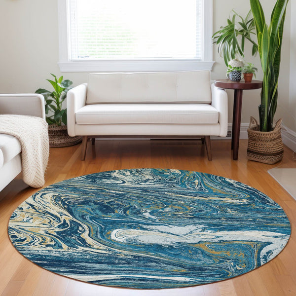 Homeroots 3' Beige Pink And Blue Abstract Washable Area Rug - Perfect For Indoor And Outdoor Spaces, Durable Design 8' Round Polyester 602643
