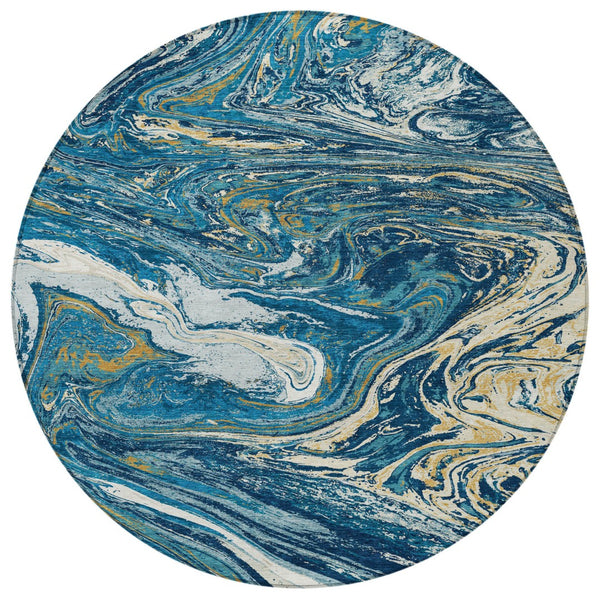 Homeroots 3' Beige Pink And Blue Abstract Washable Area Rug - Perfect For Indoor And Outdoor Spaces, Durable Design 8' Round Polyester 602643