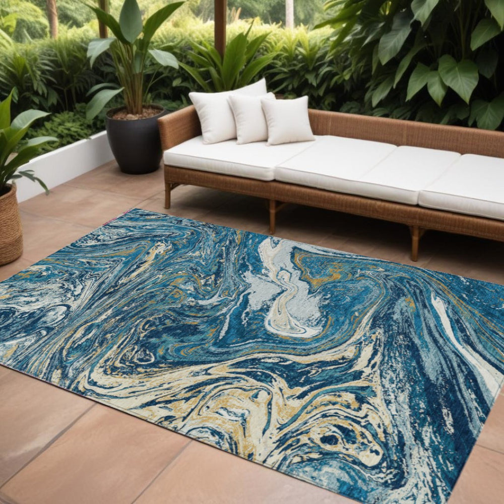 HomeRoots 9' X 12' Navy Blue Gold Ivory Abstract Rug - Durable, Washable Indoor/Outdoor Area Rug for All Spaces 602645