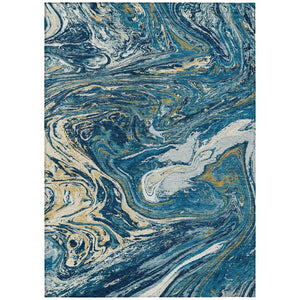 HomeRoots 5' Navy Blue Gold Ivory Abstract Washable Indoor Outdoor Area Rug for Modern Spaces and Durability 10' X 14' 602646