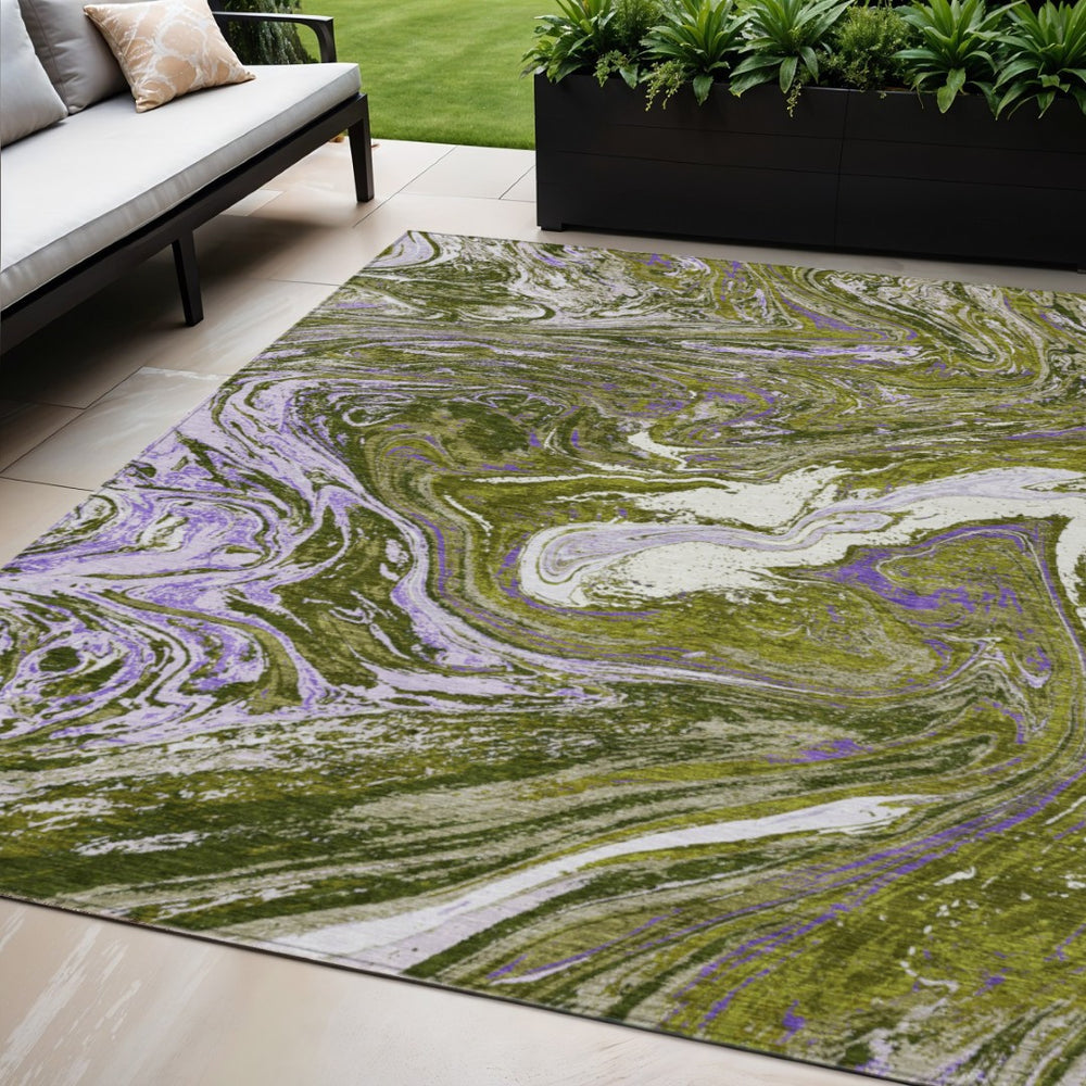 HomeRoots 5' Abstract Olive Green, Purple & Beige Area Rug – Durable, Washable, Indoor/Outdoor Comfort & Style 5' X 8' 602648