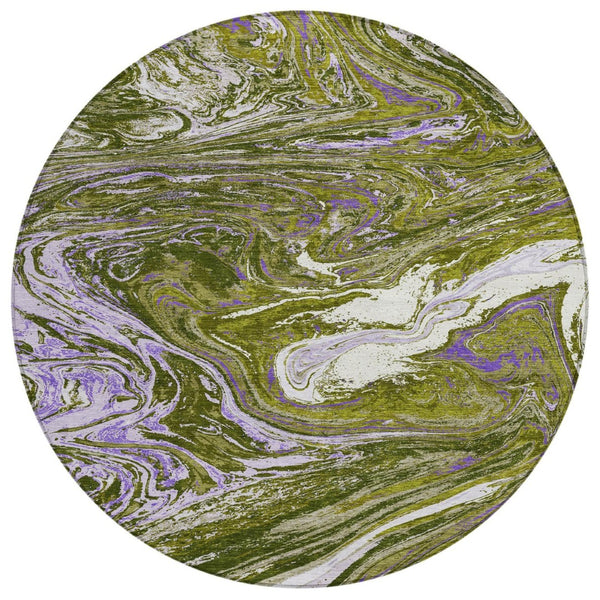 HomeRoots 5' Abstract Olive Green, Purple & Beige Area Rug – Durable, Washable, Indoor/Outdoor Comfort & Style 8' Round 602649
