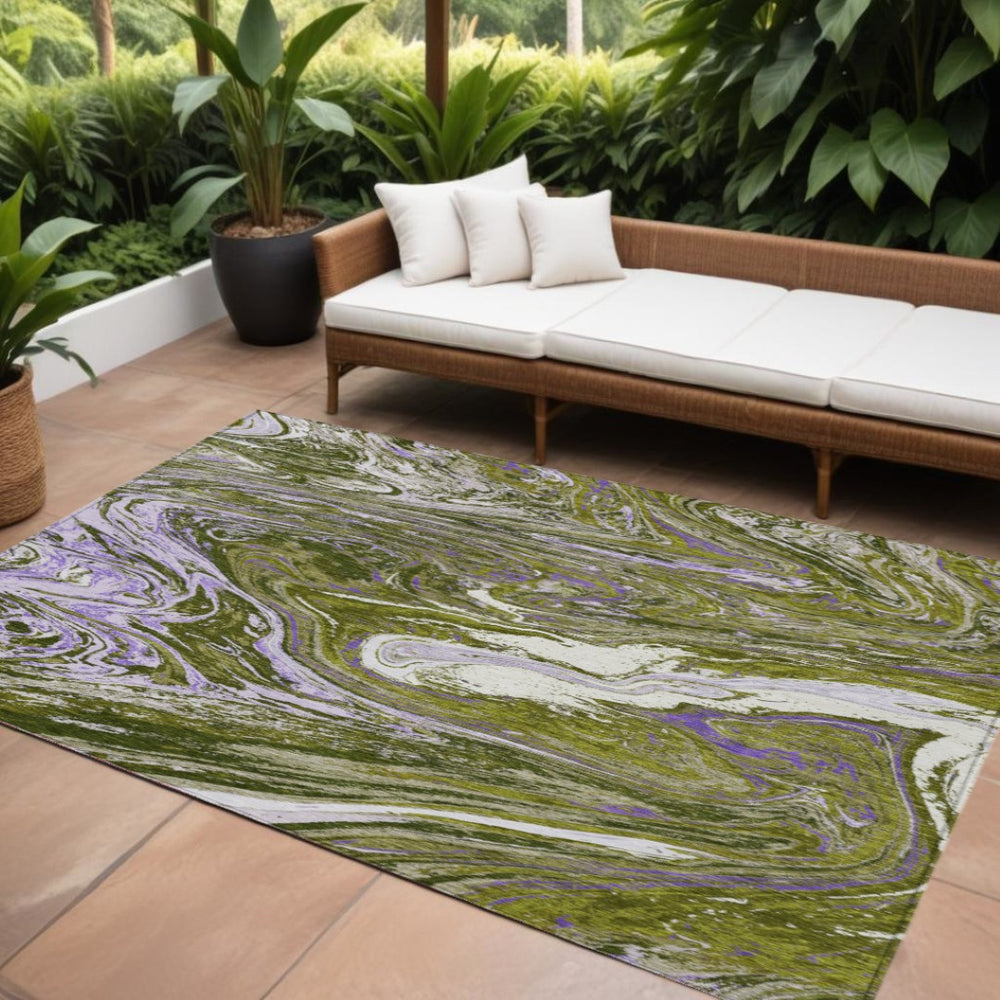 HomeRoots 9' X 12' Abstract Olive Green, Purple & Beige Washable Rug - Perfect for Indoor & Outdoor Spaces! 602651