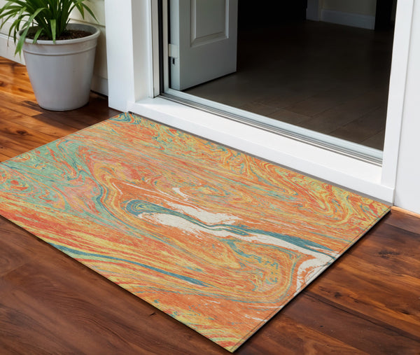 Homeroots 3' Beige Pink And Blue Abstract Washable Area Rug - Perfect For Indoor And Outdoor Spaces, Durable Design 3' X 5' Polyester 602653