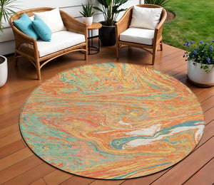 Homeroots 3' Beige Pink And Blue Abstract Washable Area Rug - Perfect For Indoor And Outdoor Spaces, Durable Design 8' Round Polyester 602655