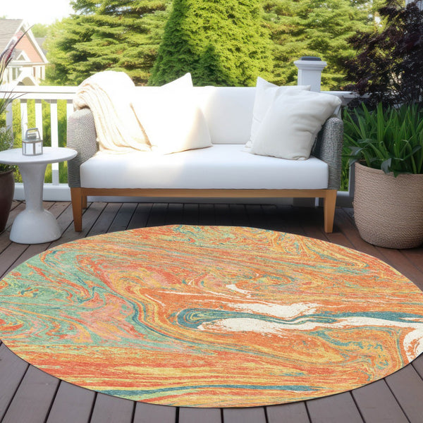 Homeroots 3' Beige Pink And Blue Abstract Washable Area Rug - Perfect For Indoor And Outdoor Spaces, Durable Design 8' Round Polyester 602655