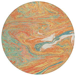 HomeRoots 5' Abstract Indoor Outdoor Area Rug in Orange, Green, and Beige - Durable, Washable & Stylish Accent 8' Round 602655