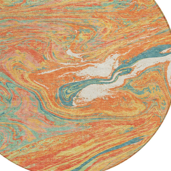 Homeroots 3' Beige Pink And Blue Abstract Washable Area Rug - Perfect For Indoor And Outdoor Spaces, Durable Design 8' Round Polyester 602655