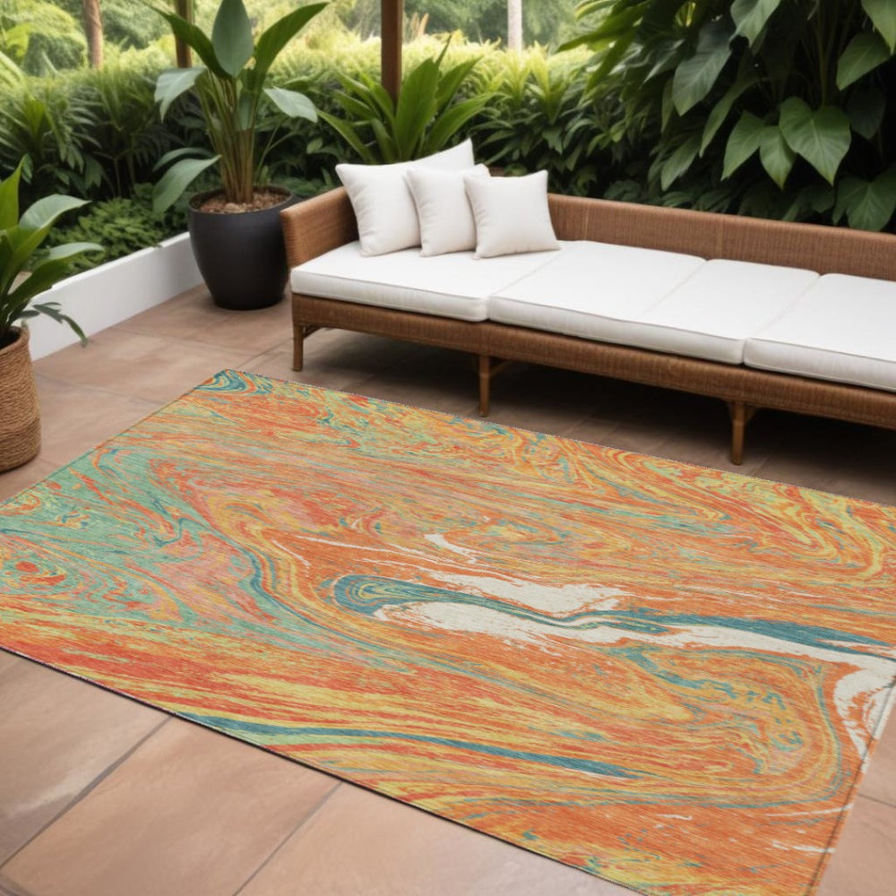 HomeRoots 9' Modern Abstract Area Rug in Orange, Green & Beige – Washable, Indoor/Outdoor, Stain-Resistant! 602657