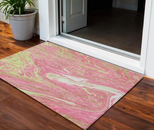 Homeroots 3' Beige Pink And Blue Abstract Washable Area Rug - Perfect For Indoor And Outdoor Spaces, Durable Design 3' X 5' Polyester 602659