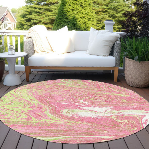 Homeroots 3' Beige Pink And Blue Abstract Washable Area Rug - Perfect For Indoor And Outdoor Spaces, Durable Design 8' Round Polyester 602661
