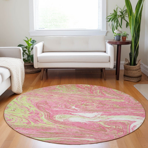 Homeroots 3' Beige Pink And Blue Abstract Washable Area Rug - Perfect For Indoor And Outdoor Spaces, Durable Design 8' Round Polyester 602661