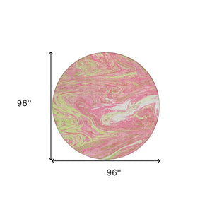 Homeroots 3' Beige Pink And Blue Abstract Washable Area Rug - Perfect For Indoor And Outdoor Spaces, Durable Design 8' Round Polyester 602661