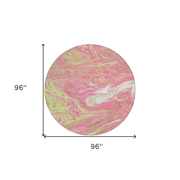 Homeroots 3' Beige Pink And Blue Abstract Washable Area Rug - Perfect For Indoor And Outdoor Spaces, Durable Design 8' Round Polyester 602661