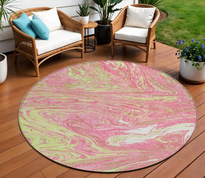 Homeroots 3' Beige Pink And Blue Abstract Washable Area Rug - Perfect For Indoor And Outdoor Spaces, Durable Design 8' Round Polyester 602661