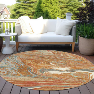 Homeroots 3' Beige Pink And Blue Abstract Washable Area Rug - Perfect For Indoor And Outdoor Spaces, Durable Design 8' Round Polyester 602667