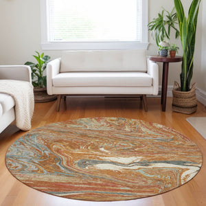 Homeroots 3' Beige Pink And Blue Abstract Washable Area Rug - Perfect For Indoor And Outdoor Spaces, Durable Design 8' Round Polyester 602667