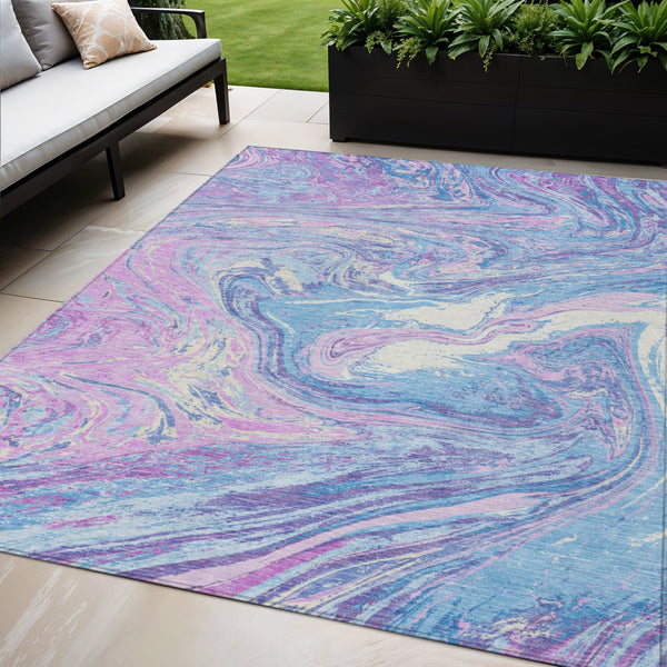 Homeroots 3' Beige Pink And Blue Abstract Washable Area Rug - Perfect For Indoor And Outdoor Spaces, Durable Design 5' X 8' Polyester 602672