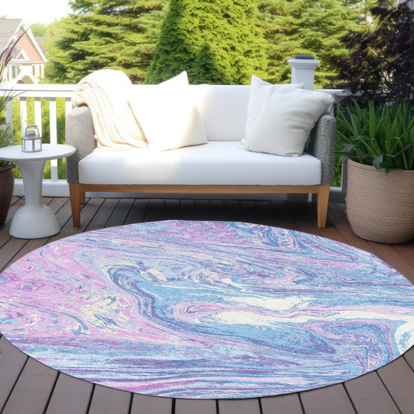 Homeroots 3' Beige Pink And Blue Abstract Washable Area Rug - Perfect For Indoor And Outdoor Spaces, Durable Design 8' Round Polyester 602673