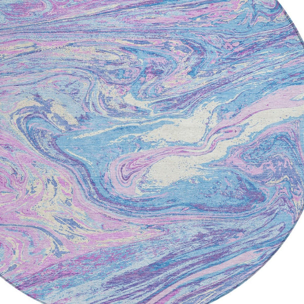 Homeroots 3' Beige Pink And Blue Abstract Washable Area Rug - Perfect For Indoor And Outdoor Spaces, Durable Design 8' Round Polyester 602673