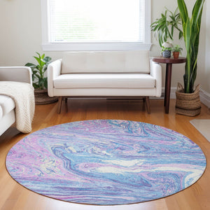Homeroots 3' Beige Pink And Blue Abstract Washable Area Rug - Perfect For Indoor And Outdoor Spaces, Durable Design 8' Round Polyester 602673