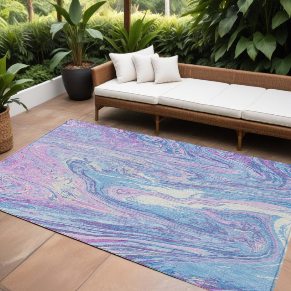 HomeRoots 9' X 12' Vibrant Sky Blue, Lavender & Ivory Abstract Washable Area Rug for Indoor/Outdoor Spaces 602675