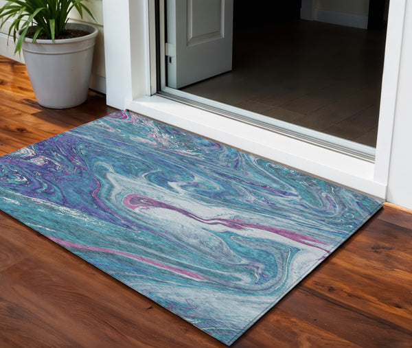 Homeroots 3' Beige Pink And Blue Abstract Washable Area Rug - Perfect For Indoor And Outdoor Spaces, Durable Design 3' X 5' Polyester 602677