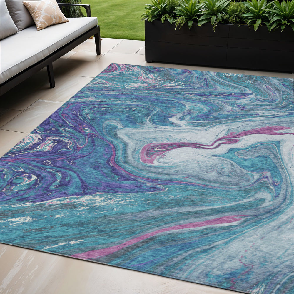 Homeroots 3' Beige Pink And Blue Abstract Washable Area Rug - Perfect For Indoor And Outdoor Spaces, Durable Design 5' X 8' Polyester 602678
