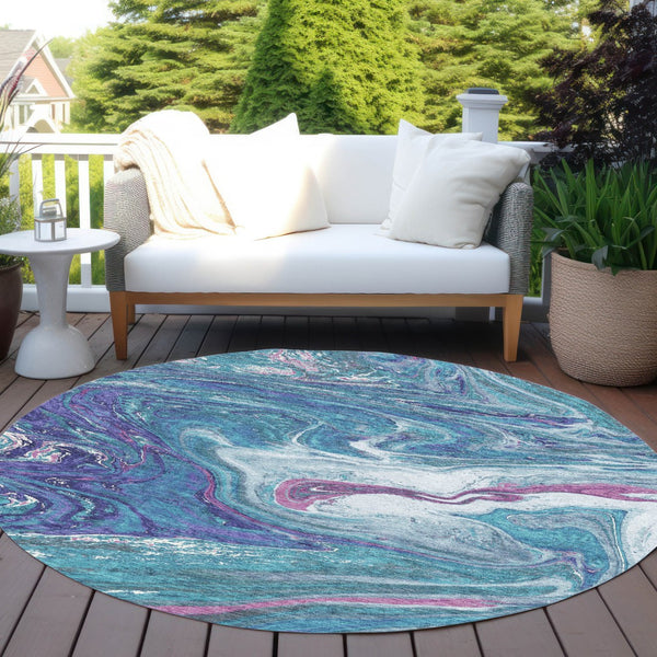 Homeroots 3' Beige Pink And Blue Abstract Washable Area Rug - Perfect For Indoor And Outdoor Spaces, Durable Design 8' Round Polyester 602679