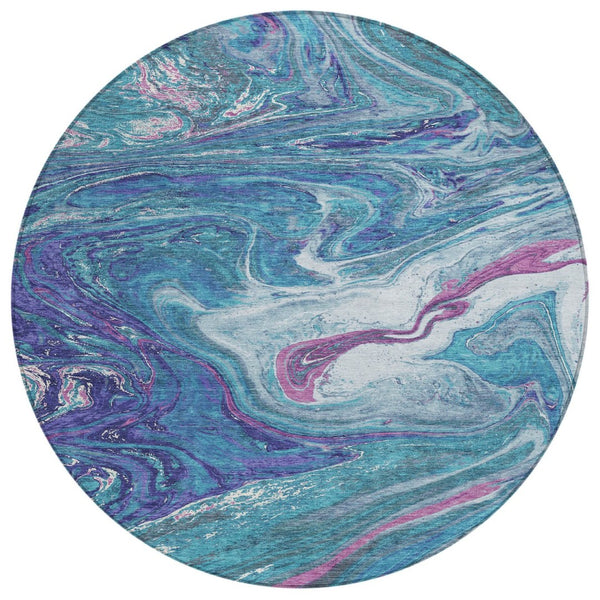 HomeRoots 5' Vibrant Abstract Washable Indoor Outdoor Area Rug in Teal, Blue, Purple & Pink for Modern Spaces 8' Round 602679